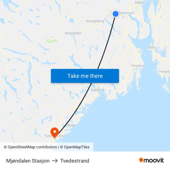 Mjøndalen Stasjon to Tvedestrand map