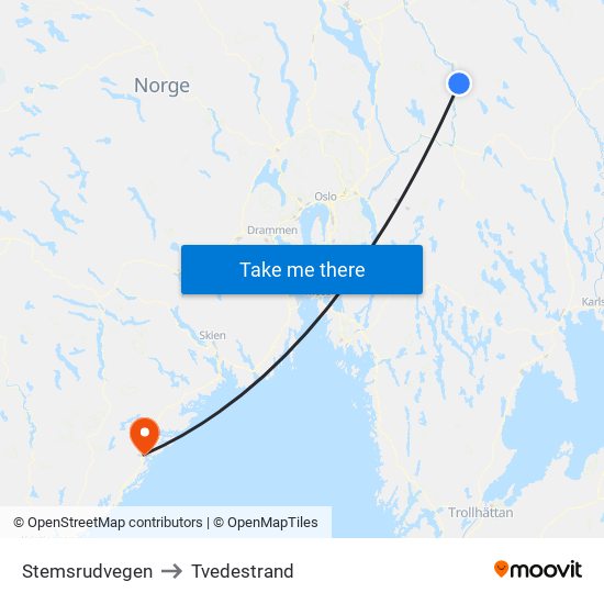 Stemsrudvegen to Tvedestrand map