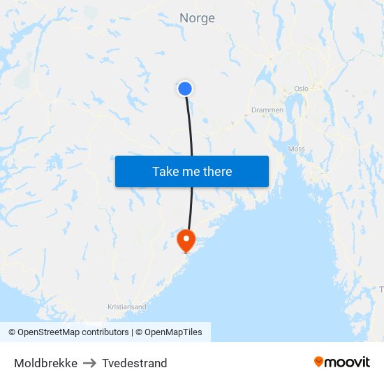 Moldbrekke to Tvedestrand map