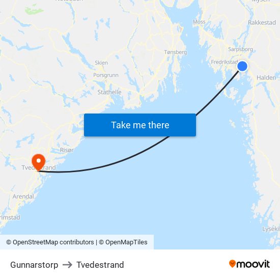 Gunnarstorp to Tvedestrand map