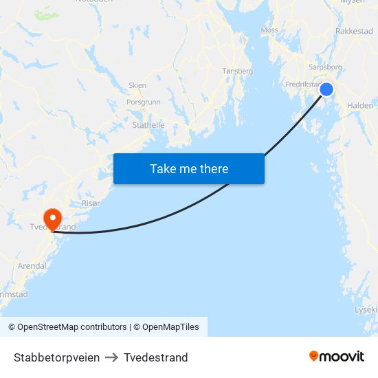 Stabbetorpveien to Tvedestrand map
