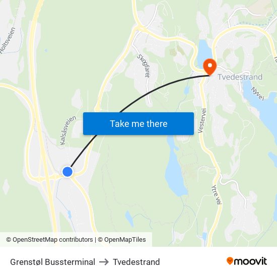 Grenstøl Bussterminal to Tvedestrand map