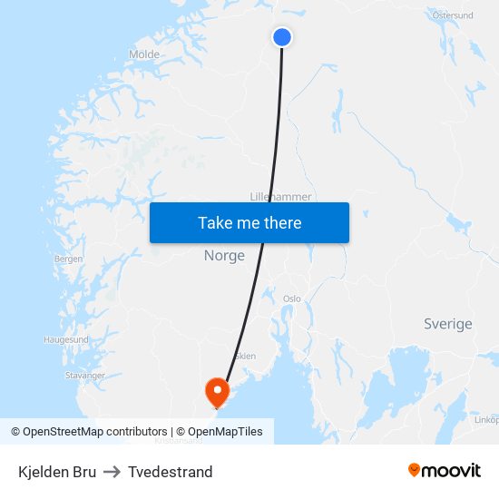 Kjelden Bru to Tvedestrand map