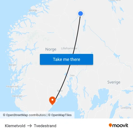 Klemetvold to Tvedestrand map