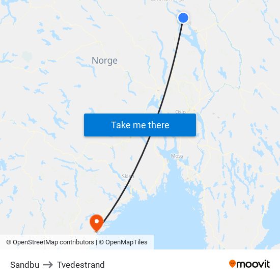 Sandbu to Tvedestrand map