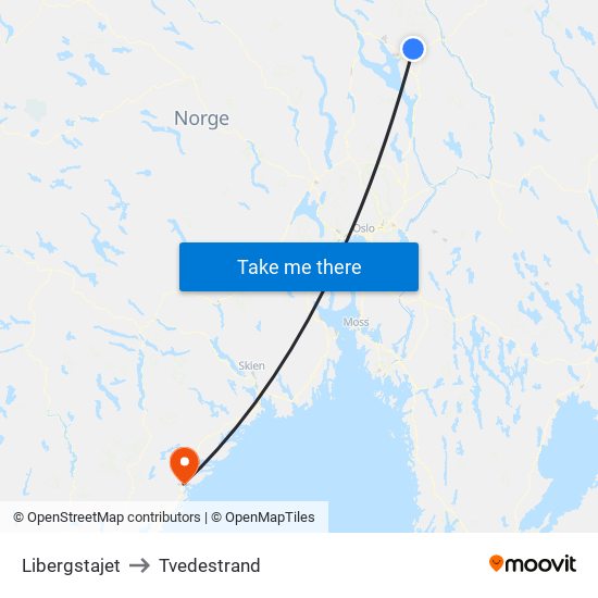 Libergstajet to Tvedestrand map