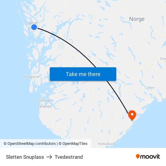 Sletten Snuplass to Tvedestrand map