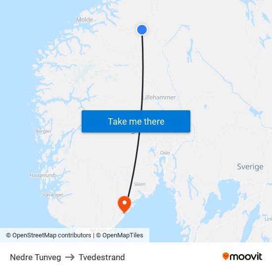 Nedre Tunveg to Tvedestrand map