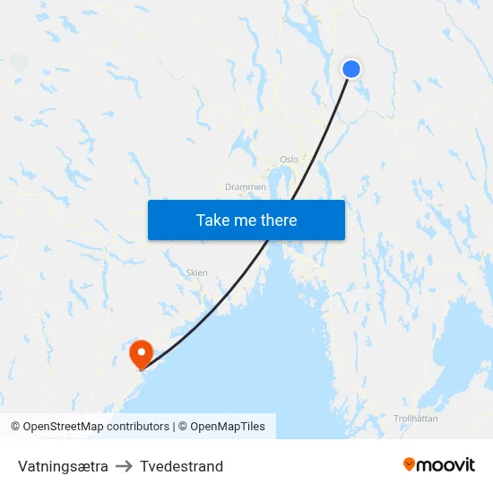 Vatningsætra to Tvedestrand map