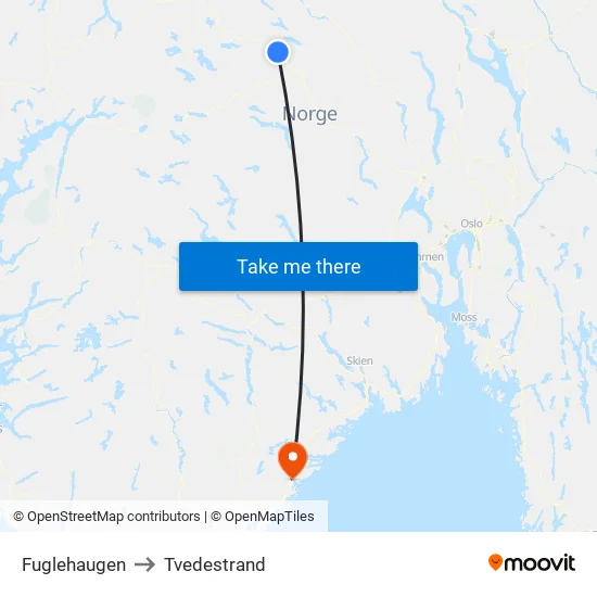 Fuglehaugen to Tvedestrand map