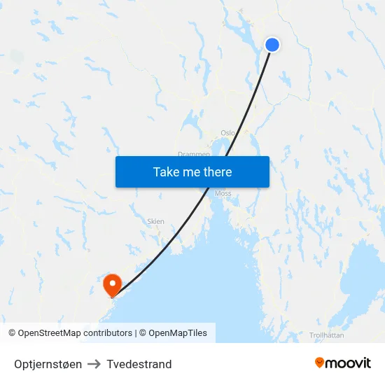 Optjernstøen to Tvedestrand map
