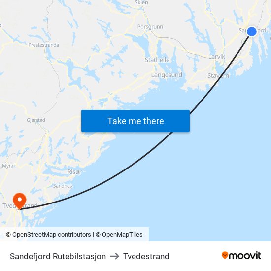 Sandefjord Rutebilstasjon to Tvedestrand map