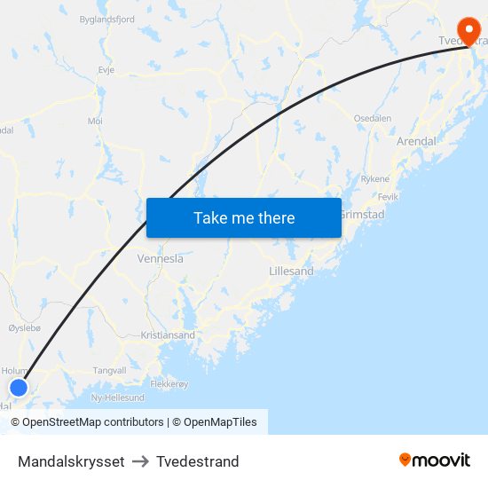 Mandalskrysset to Tvedestrand map