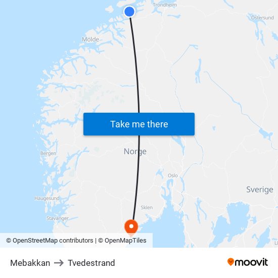 Mebakkan to Tvedestrand map