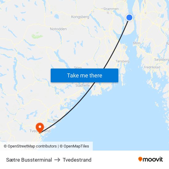 Sætre Bussterminal to Tvedestrand map