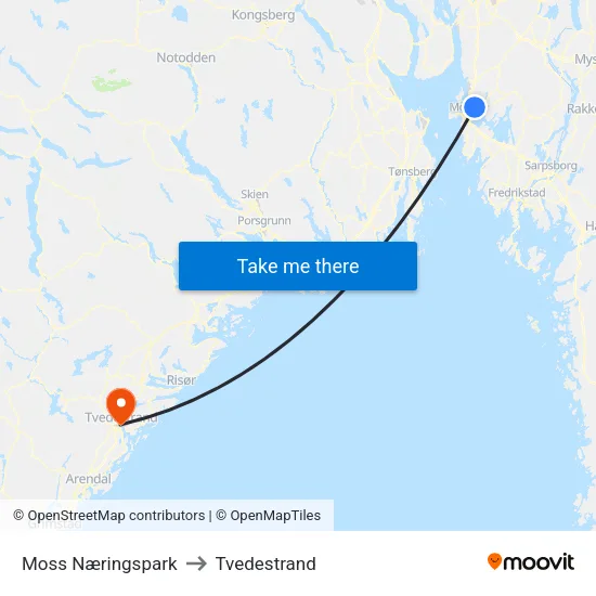 Moss Næringspark to Tvedestrand map