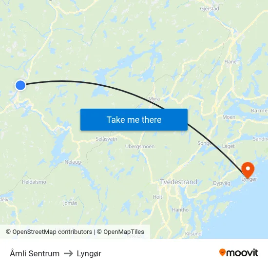 Åmli Sentrum to Lyngør map