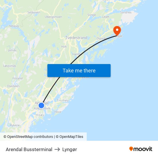 Arendal Bussterminal to Lyngør map