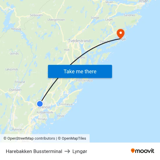 Harebakken Bussterminal to Lyngør map