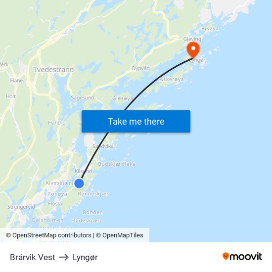 Brårvik Vest to Lyngør map