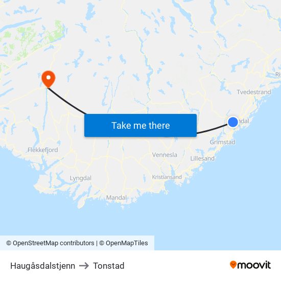 Haugåsdalstjenn to Tonstad map