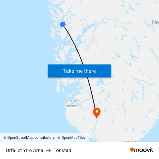 Orfallet Ytre Arna to Tonstad map