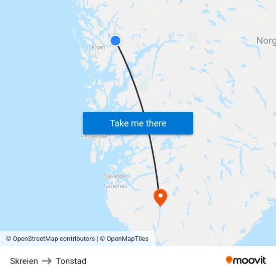 Skreien to Tonstad map
