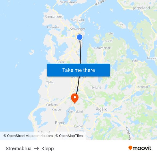 Strømsbrua to Klepp map