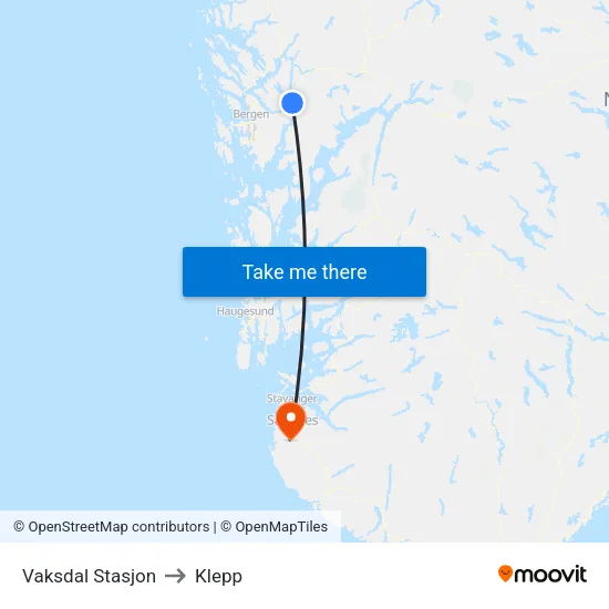 Vaksdal Stasjon to Klepp map