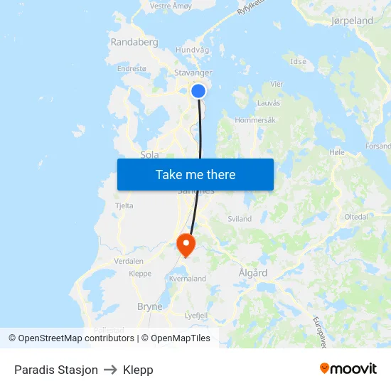 Paradis Stasjon to Klepp map