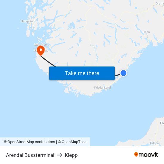 Arendal Bussterminal to Klepp map