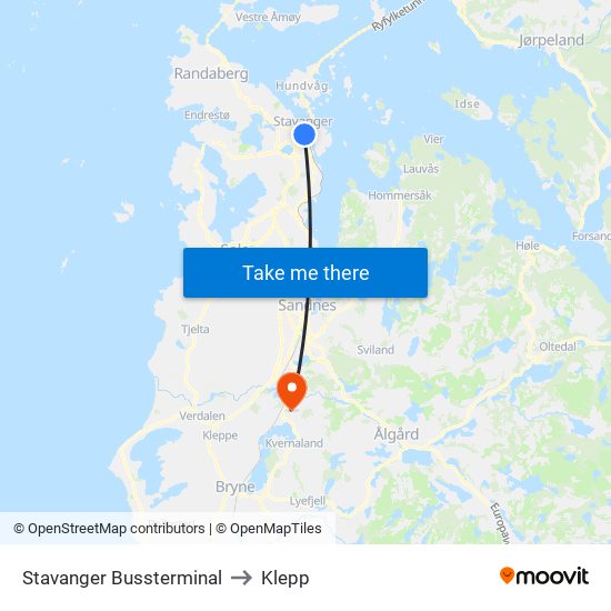 Stavanger Bussterminal to Klepp map