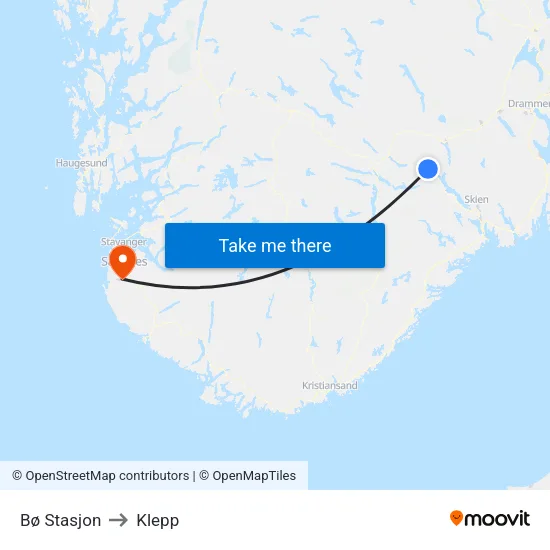 Bø Stasjon to Klepp map