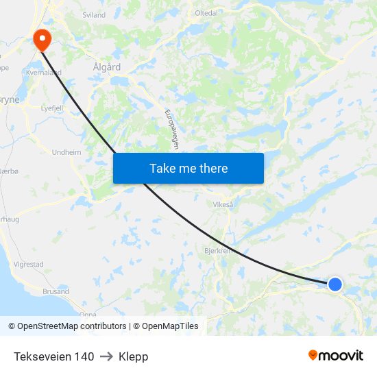 Tekseveien 140 to Klepp map