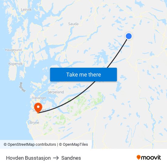 Hovden Busstasjon to Sandnes map