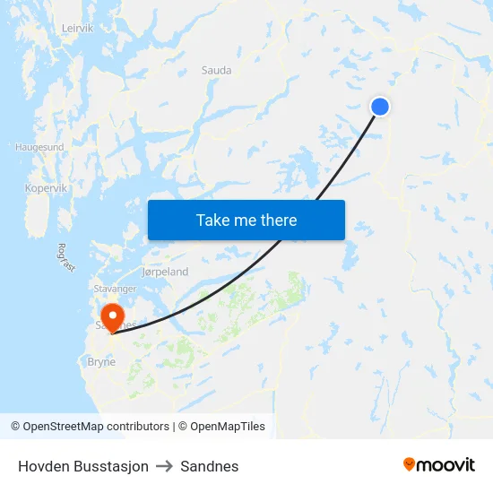 Hovden Busstasjon to Sandnes map