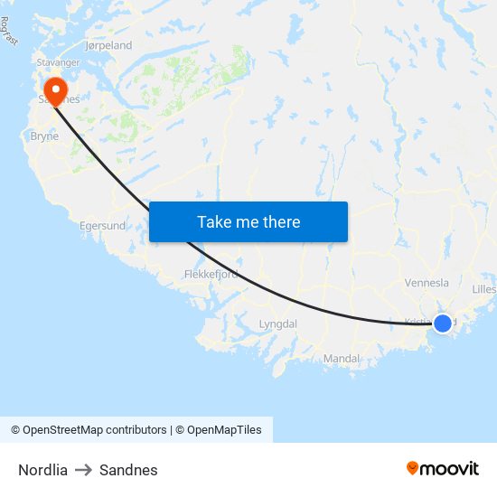 Nordlia to Sandnes map