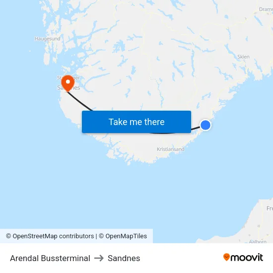 Arendal Bussterminal to Sandnes map