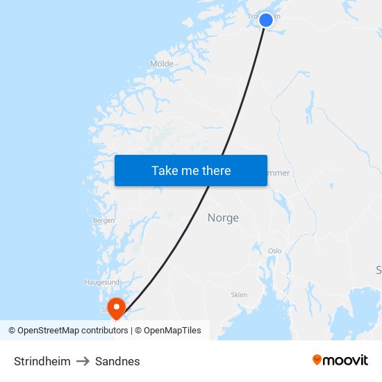 Strindheim to Sandnes map