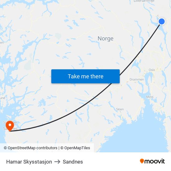 Hamar Skysstasjon to Sandnes map