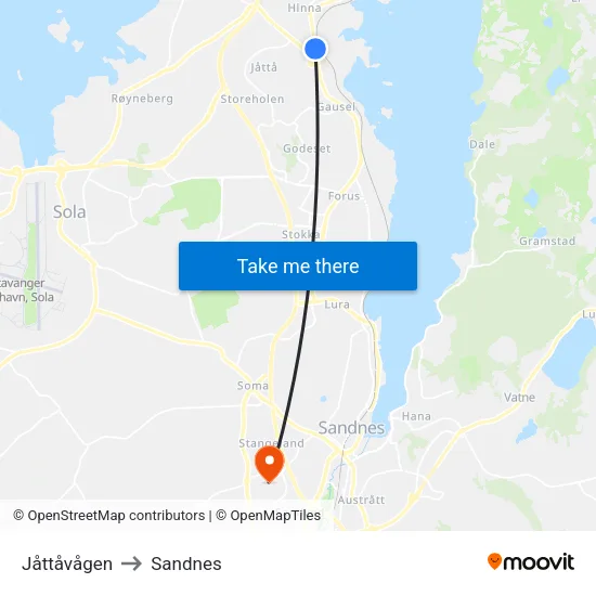 Jåttåvågen to Sandnes map