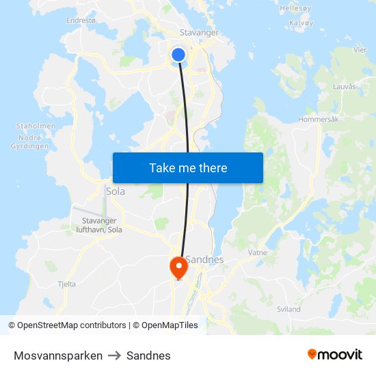 Mosvannsparken to Sandnes map