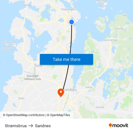 Strømsbrua to Sandnes map