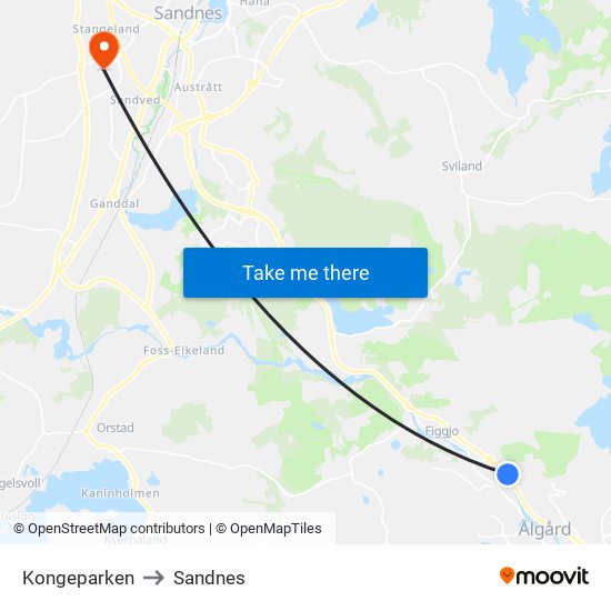 Kongeparken to Sandnes map