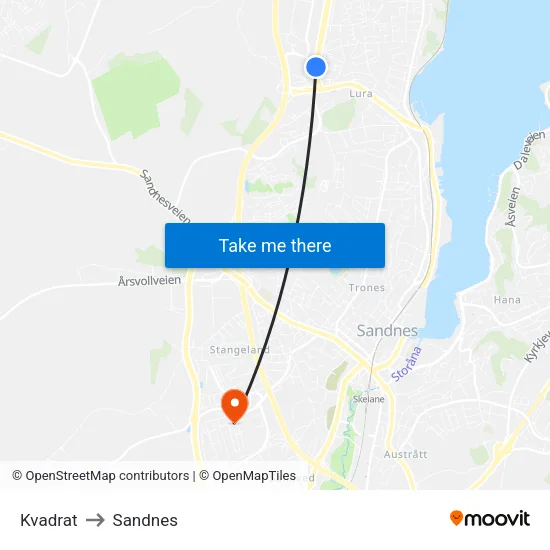 Kvadrat to Sandnes map