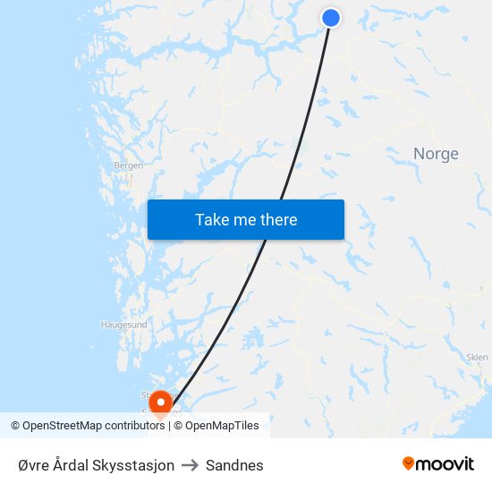 Øvre Årdal Skysstasjon to Sandnes map