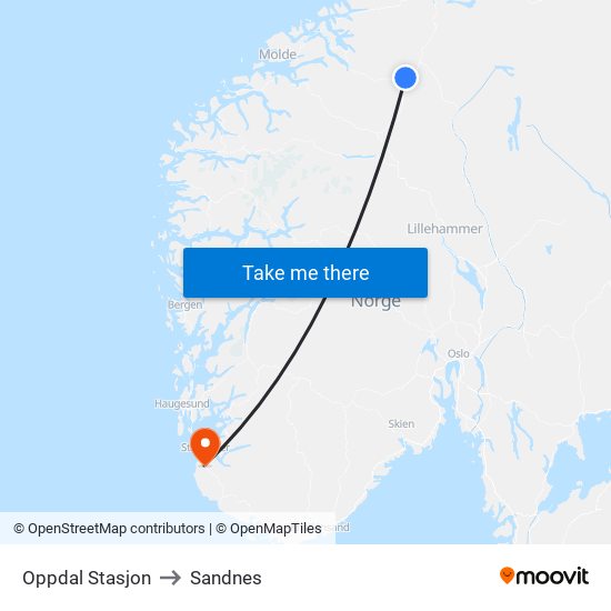 Oppdal Stasjon to Sandnes map