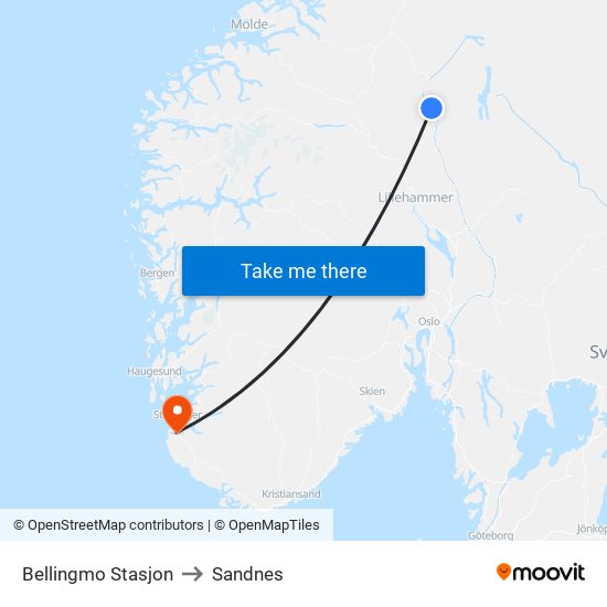 Bellingmo Stasjon to Sandnes map