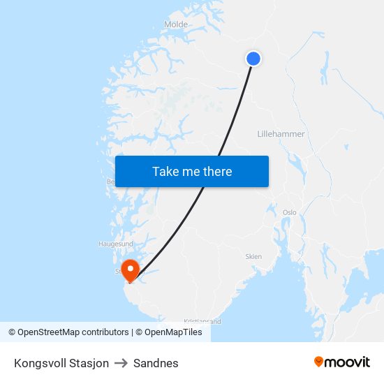 Kongsvoll Stasjon to Sandnes map