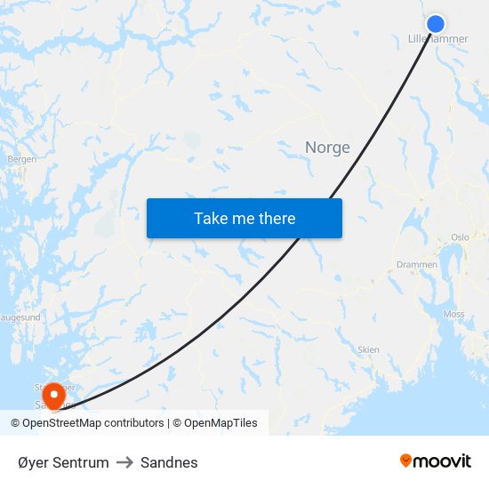 Øyer Sentrum to Sandnes map